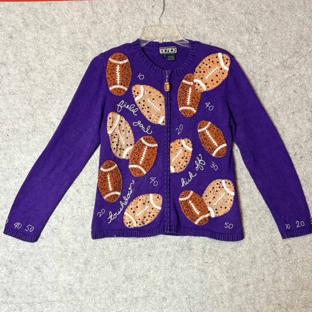 VTG Berek Purple Football Embroidered Beaded Sequin Zip Cardigan Sweater Women S